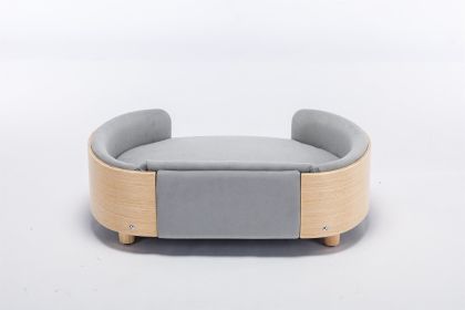 Scandinavian style Elevated Dog Bed Pet Sofa With Solid Wood legs and Bent Wood Back, Velvet Cushion, Mid Size Light Grey