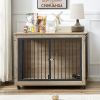 Furniture Style Dog Crate Side Table With Rotatable Feeding Bowl, Wheels, Three Doors, Flip-Up Top Opening. Indoor, Grey, 43.7"W x 30"D x 33.7"H