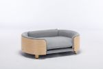 Scandinavian style Elevated Dog Bed Pet Sofa With Solid Wood legs and Bent Wood Back, Velvet Cushion, Mid Size Light Grey