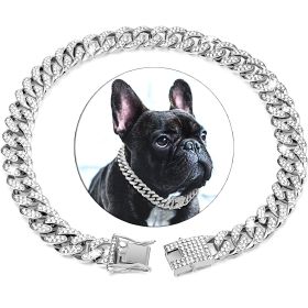 Dog Chain Crystal Artificial Diamondoid Dog Collar Walking Metal Chain Collar With Secure Buckle (Color: Silver Gray, size: 3XL)